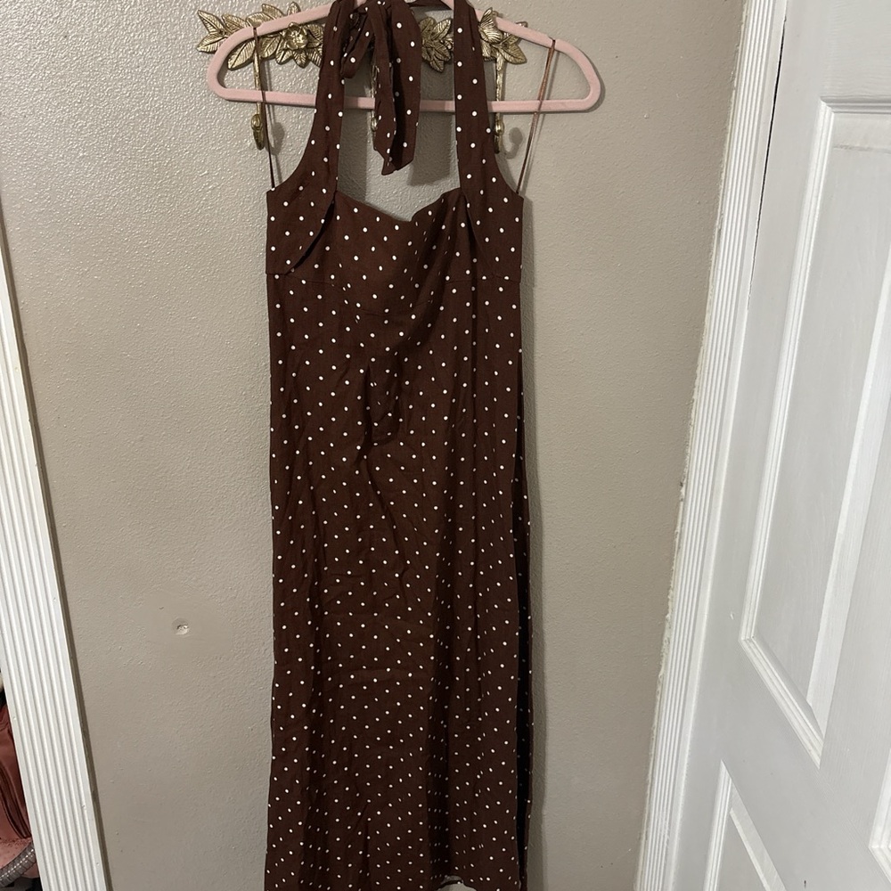 Zara Brown Polka Dot Halter Midi Linen Dress